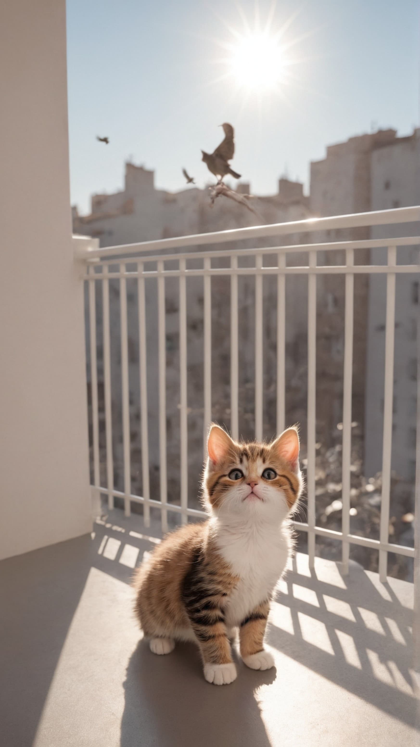 *##PROMPT##*{"cover":"/storage/emulated/0/Pictures/2932891097.jpg","date":1714702756254,"lora":"","negative_prompt":"","prompt":"一只3个月的小猫,萌萌的,很可爱,在阳台上看着天空,猫的颜色是三色猫,站在阳台边缘,但是他很享受的样子,表情愉悦,外面阳光明媚,远处很多小鸟在飞来飞去,猫看着鸟群,很好奇的样子,甚至想伸出双脚去抓小鸟,真实感,电影感,中距离,仰视,美丽壁纸,太阳和鸟群在镜头内","promptId":1714702756254,"scale":"1080*1920","size":"1.0","speed":"Speed","style":"SAI 3D Model","uid":0}