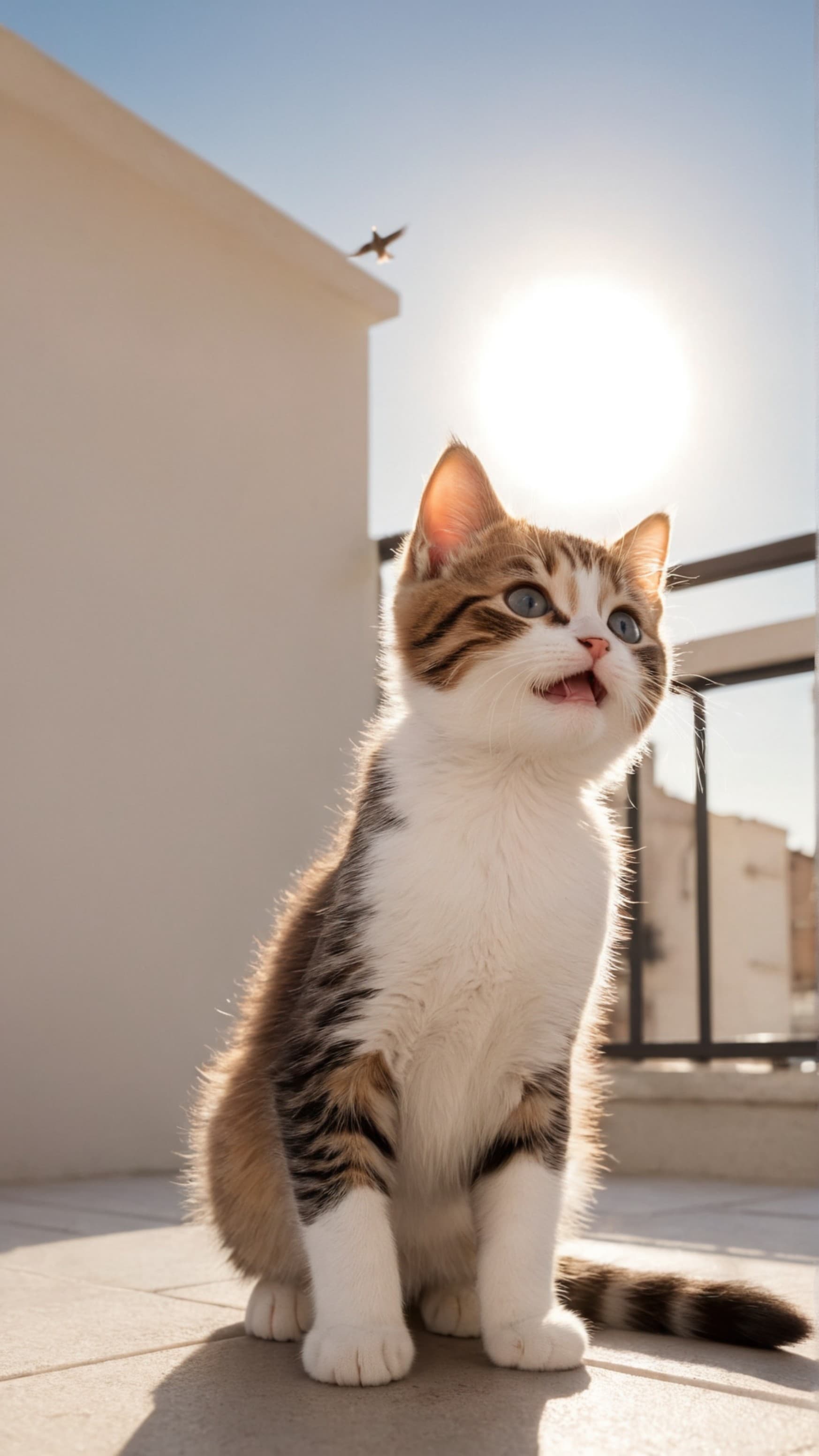 *##PROMPT##*{"cover":"/storage/emulated/0/Pictures/2933054430.jpg","date":1714702919529,"lora":"","negative_prompt":"","prompt":"一只3个月的小猫,萌萌的,很可爱,在阳台上看着天空,猫的颜色是三色猫,站在阳台边缘,但是他很享受的样子,表情愉悦,外面阳光明媚,远处很多小鸟在飞来飞去,猫看着鸟群,很好奇的样子,甚至想伸出双脚去抓小鸟,真实感,电影感,中距离,仰视,美丽壁纸,太阳和鸟群在镜头内","promptId":1714702919529,"scale":"1080*1920","size":"1.0","speed":"Speed","style":"SAI 3D Model","uid":0}